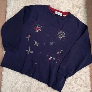 Vtg Extra Shenanigans Navy Blue Floral Button Front Cardigan Sweatshirt Size 3X